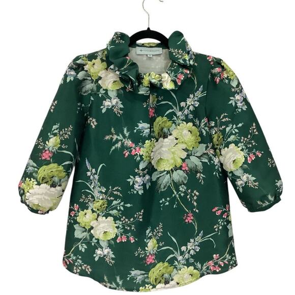 Tuckernuck Bouvier Blouse Green Floral Ruffle Collar Blouson Sleeves Size XS - Picture 2 of 12